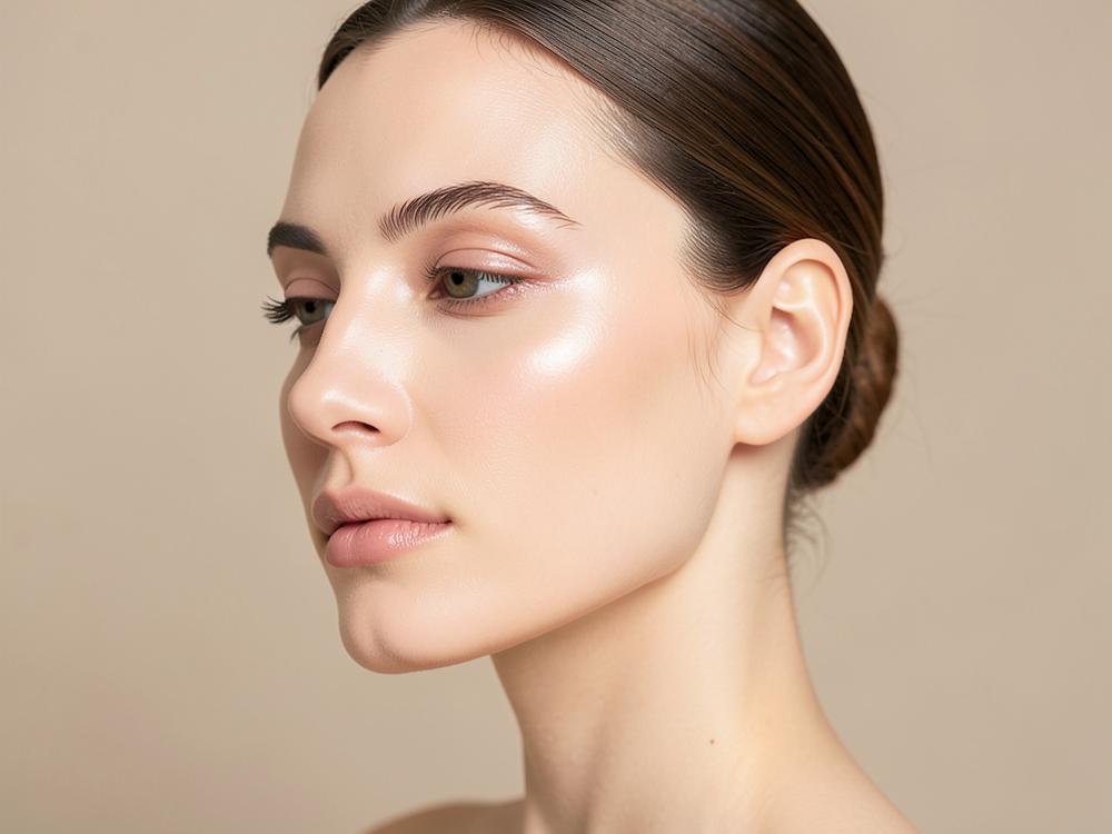 Perfil de mulher com pele luminosa em fundo neutro