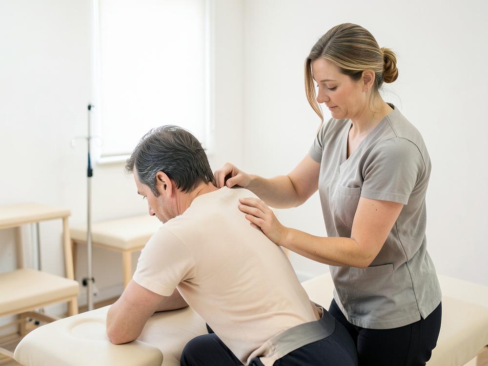 Fisioterapeuta acompanhando paciente em atendimento
