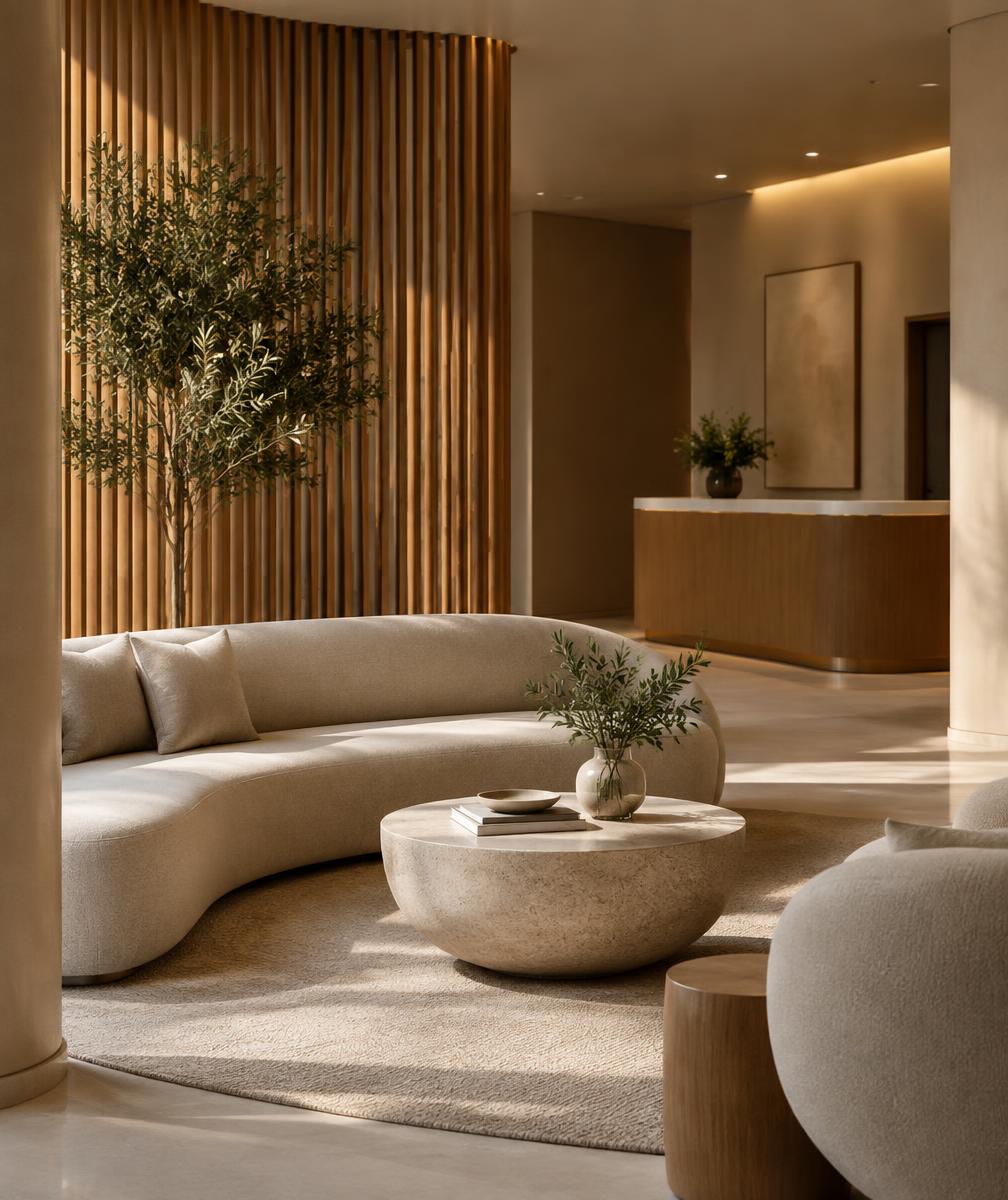 Sala de espera acolhedora com sofá curvo e vegetação